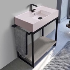 Modern  Console Vanity with Grey Oak Shelf, Pink Ceramic Sink, 35 inch